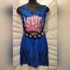 Vtg Sun Triangle Women One Size Tank Shirt Dress Blue Black Tie Dye Las Vegas US